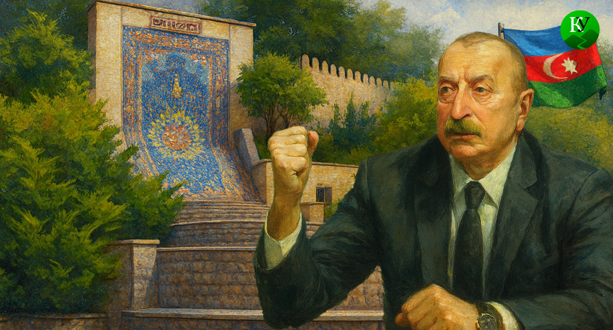 Посольство Азербайджана в Киеве и Алиев. Иллюстрация создана «Кавказским узлом» с помощью ИИ в программе Copilot