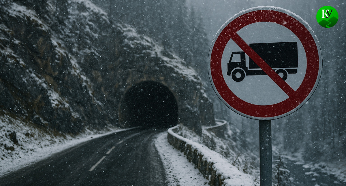 Знак: проезд грузовых автомобилей запрещен. Иллюстрация создана «Кавказским узлом» с помощью ИИ в программе Copilot