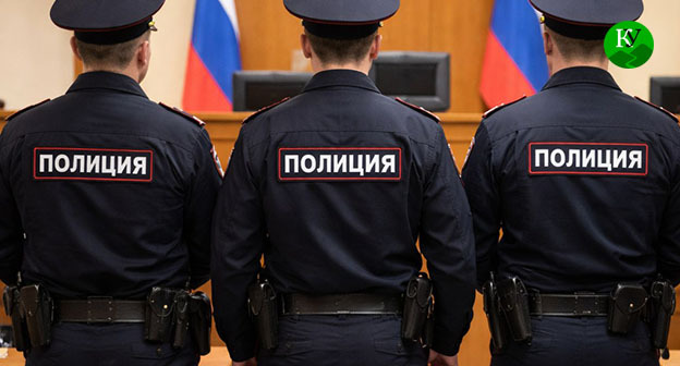 Сотрудники полиции в зале суда. Иллюстрация создана "Кавказским узлом" при помощи ИИ в программе Copilot