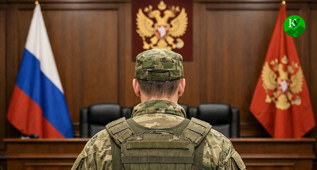 Военнослужащий в зале суда. Иллюстрация создана "Кавказским узлом" при помощи ИИ в программе Copilot
