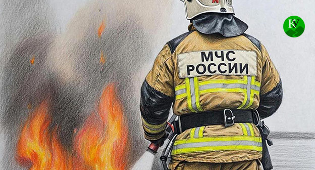 Сотрудник МЧС тушит пожар. Иллюстрация создана "Кавказским узлом" при помощи ИИ в программе Copilot