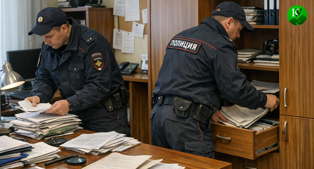 Обыск в кабинете. Иллюстрация создана «Кавказским узлом» с помощью ИИ в программе Copilot