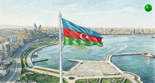 Флаг Азербайджана на фоне Баку. Иллюстрация создана 