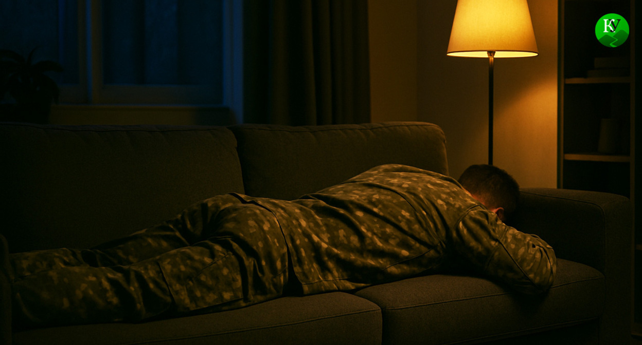 Военнослужащий дома. Иллюстрация создана «Кавказским узлом» с помощью ИИ в программе Copilot