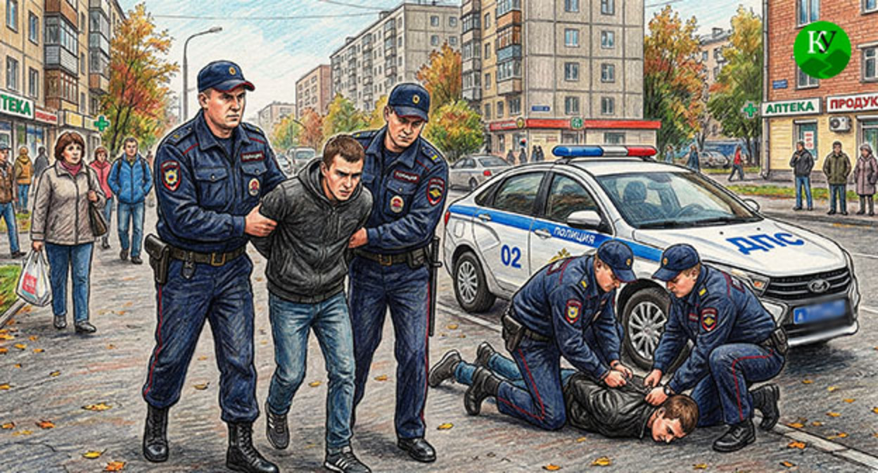 Cотрудники полиции задерживают мужчин. Иллюстрация создана "Кавказским узлом" при помощи ИИ в программе Copilot