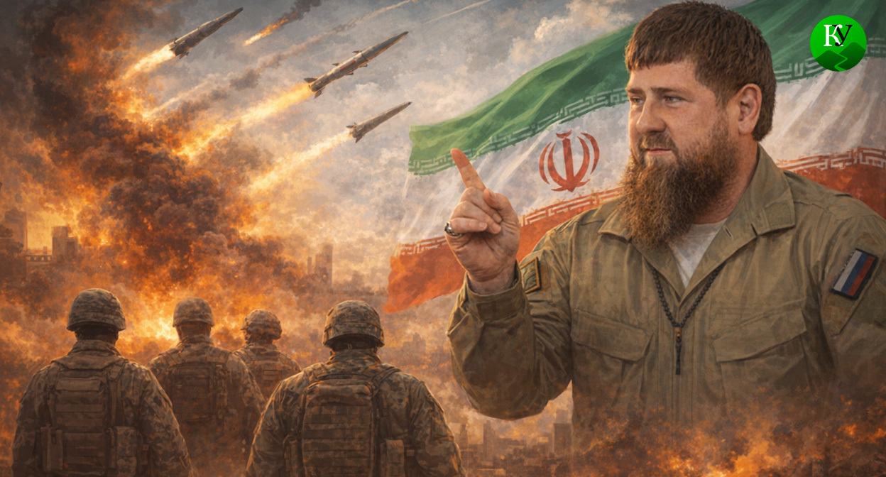 Кадыров и военные. Иллюстрация создана «Кавказским узлом» с помощью ИИ в программе Copilot