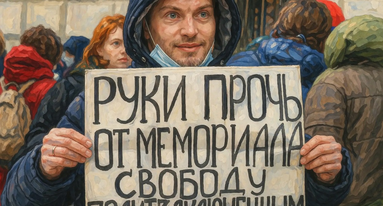 Активист с плакатом. Иллюстрация создана "Кавказским узлом при помощи ИИ в программе Copilot