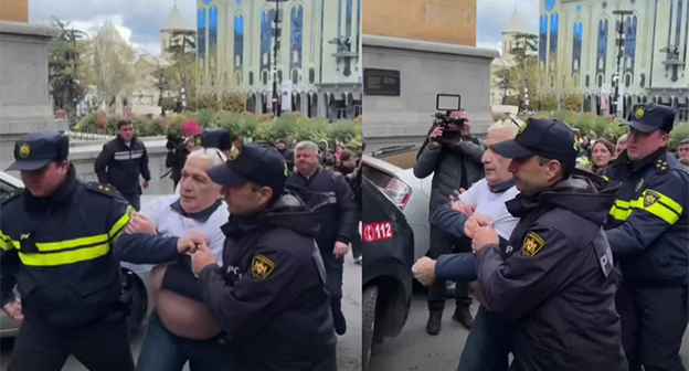 Задержание Шота Одишвили. Фото: Новости Грузии https://www.newsgeorgia.ge/sud-v-tbilisi-naznachil-10-sutok-aresta-aktivistu-oskorbivshemu-ivanishvili-na-akcii-9-aprelja/