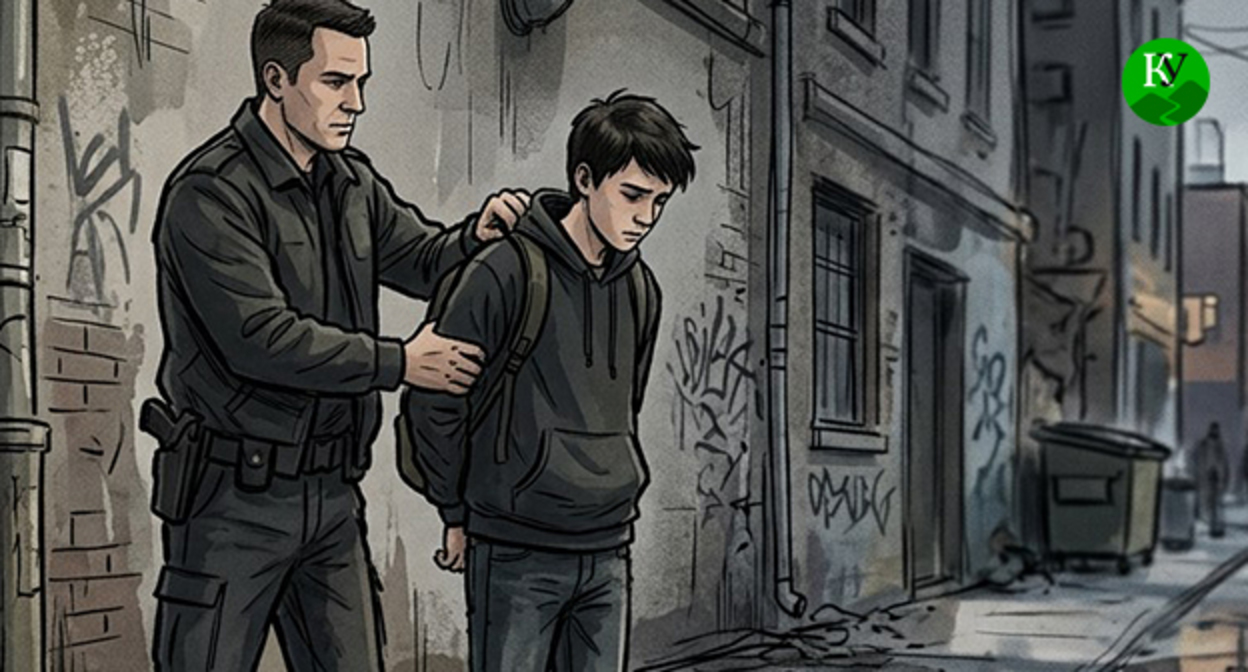 Сотрудник правоохранительных органов задерживает подростка. Иллюстрация создана "Кавказским узлом" при помощи ИИ в программе Copilot