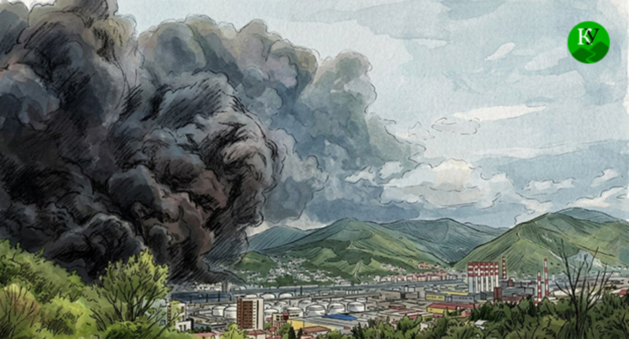 Пожар в Туапсе. Иллюстрация создана "Кавказским узлом" при помощи ИИ в программе Copilot