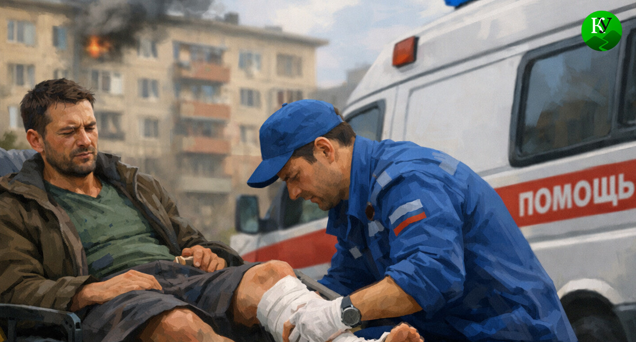 Работник скорой помощи бинтует ногу пострадавшего. Иллюстрация создана «Кавказским узлом» с помощью ИИ в программе Copilot