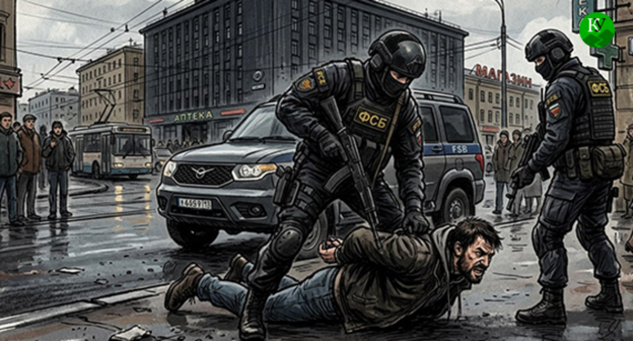 Сотрудники ФСБ задерживают мужчину. Иллюстрация создана "Кавказским узлом" при помощи ИИ в программе Copilot