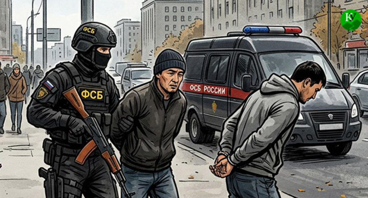 Сотрудник ФСБ задерживает мужчин. Иллюстрация создана "Кавказским узлом" при помощи ИИ в программе Copilot