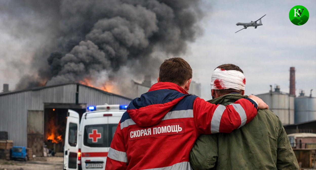 Атака на предприятие. Иллюстрация создана «Кавказским узлом» с помощью ИИ в программе Copilot