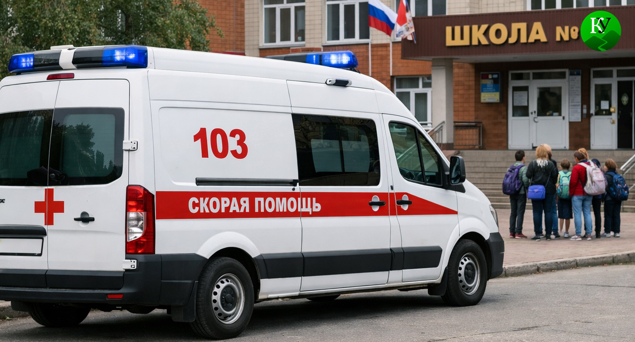 Машина скорой помощи у школы. Иллюстрация создана «Кавказским узлом» с помощью ИИ в программе Copilot