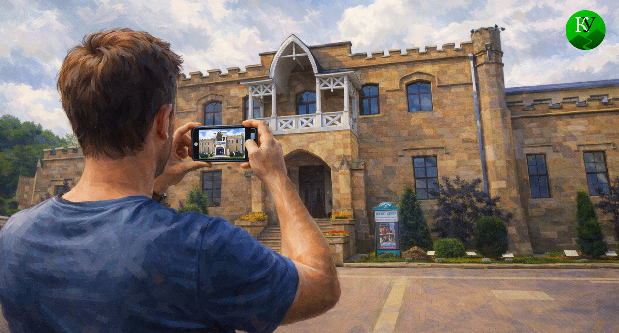 Мужчина фотографирует Визит-центр. Иллюстрация создана «Кавказским узлом» с помощью ИИ в программе Copilot
