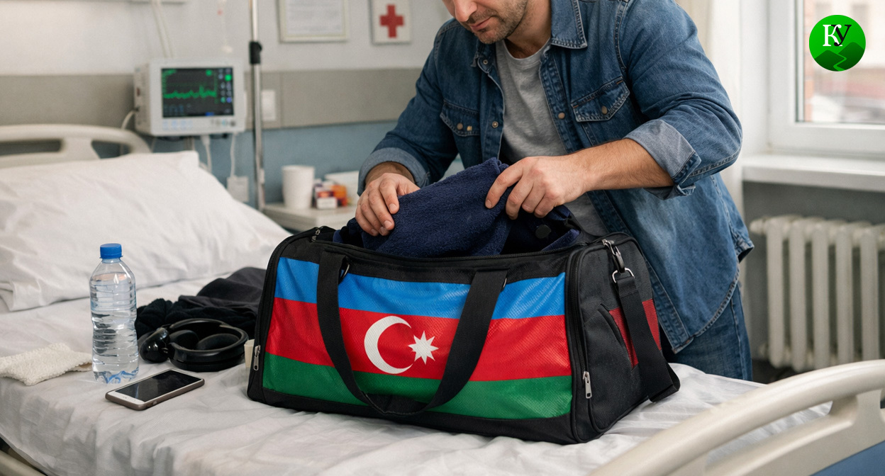 Пострадавший собирает вещи в палате. Иллюстрация создана «Кавказским узлом» с помощью ИИ в программе Copilot