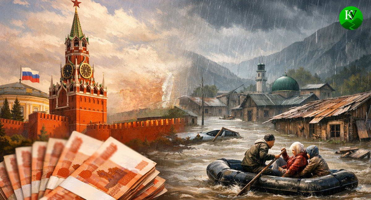 Потоп и компенсация из Кремля. Иллюстрация создана «Кавказским узлом» с помощью ИИ в программе Copilot