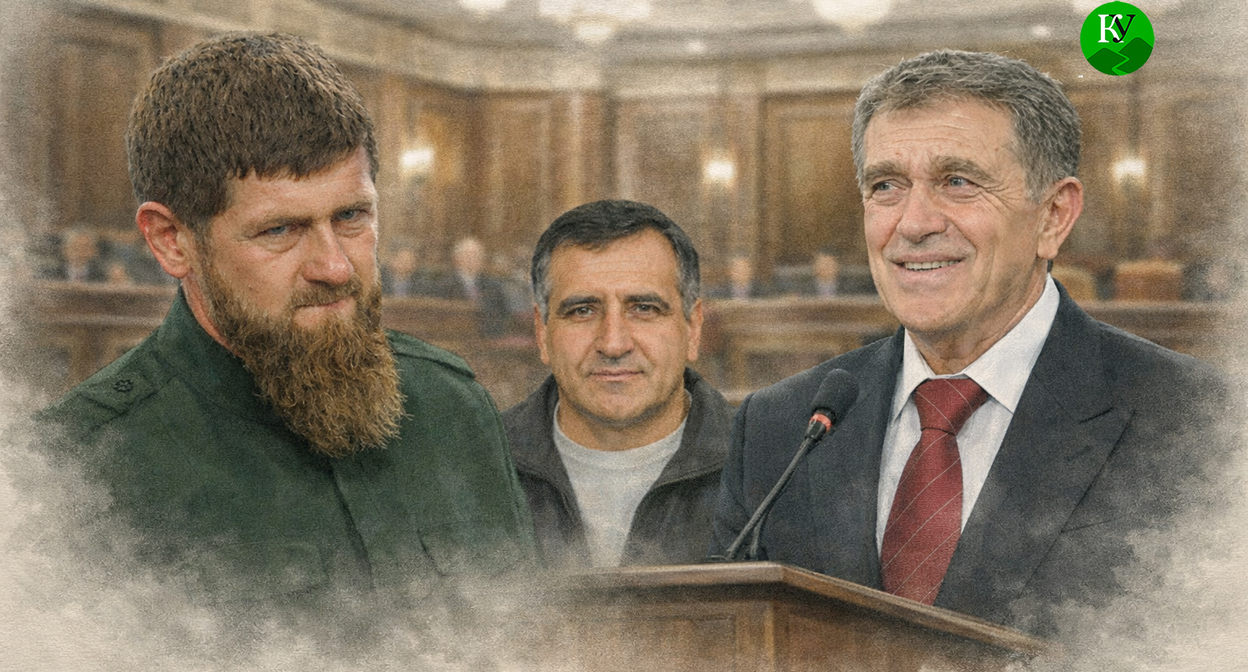 Рамзан Кадыров, Ахмедпаша Умаханов и Ахмат Салпагаров. Иллюстрация создана "Кавказским узлом" при помощи ИИ в программе Copilot