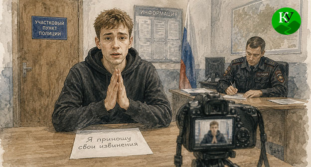 Молодой человек приносит извинения на камеру в отделе полиции. Иллюстрация создана "Кавказским узлом" при помощи ИИ в программе Copilot Молодой человек приносит извинения на камеру в отделе полиции. Иллюстрация создана "Кавказским узлом" при помощи ИИ в программе Copilot