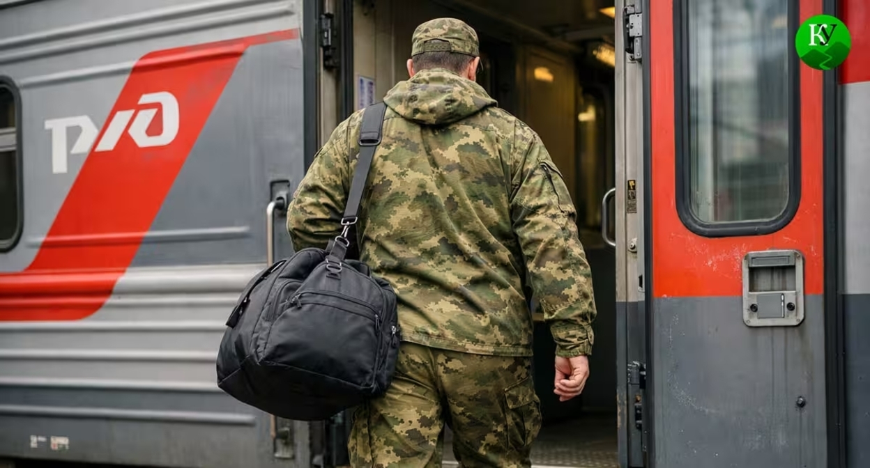 Военный садится в поезд. Иллюстрация создана «Кавказским узлом» с помощью ИИ в программе Copilot