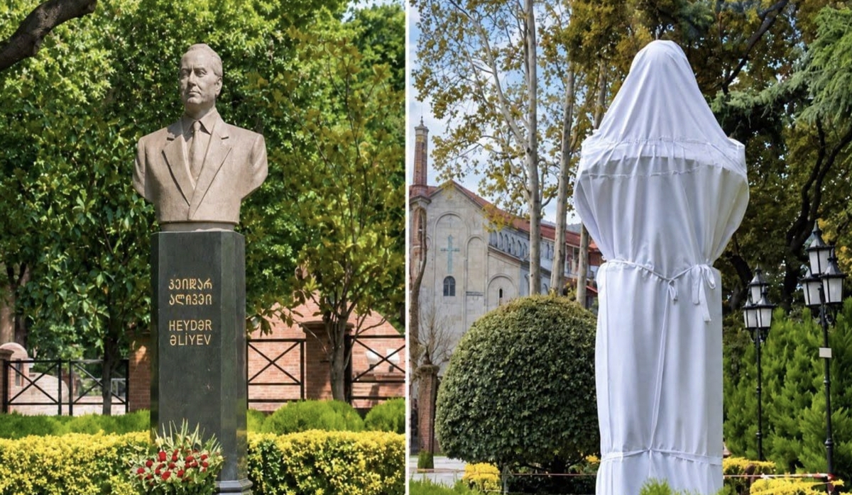 Поврежденный бюст Гейдара Алиева в Тбилиси. Скриншот публикации на странице abc.az в соцсети