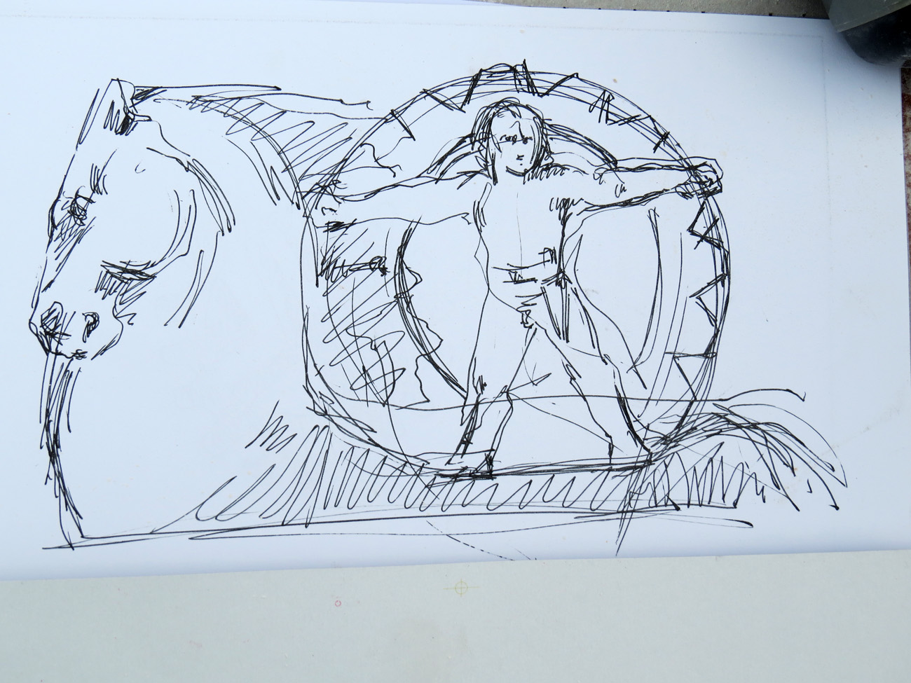 конь – это война, на коне ребёнок, который олицетворяет невинность, он держит за гриву, потому что это перемирие. Как только он отпустит коня, начнётся война. Это, то  состояние, в